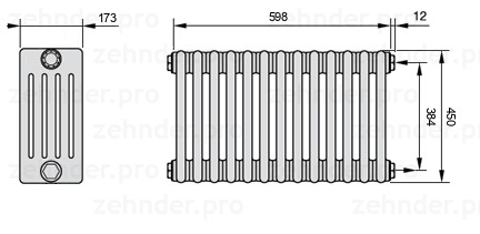 Схема (чертеж) Радиатор Zehnder Charleston 5045/13 №7610 Белый глянцевый RAL 9016